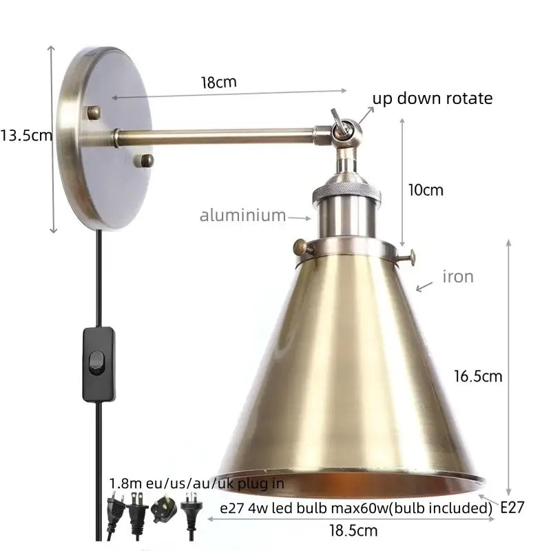 Industrial-style vintage brass adjustable wall lamp with iron base and decorbites iron led wall for bedroom lighting
