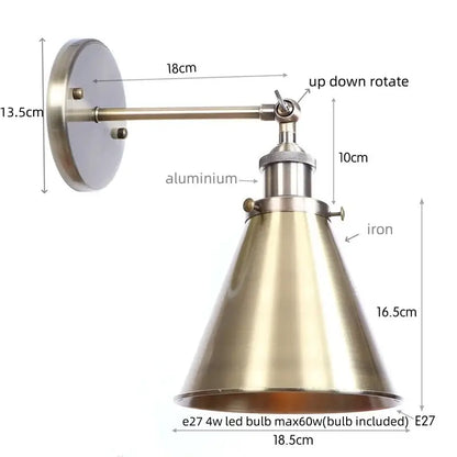 Vintage brass adjustable wall lamp with brushed brass finish and iron led conical shade for decorbites iron led wall use