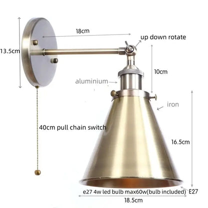 Vintage brass adjustable wall lamp with iron conical shade and brushed brass finish for decorbites iron led wall lighting