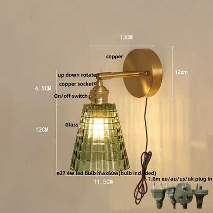 Vintage brass wall sconce with textured green coffee glass shade featuring amber coffee glass for bedroom LED light