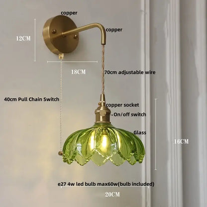 Vintage brass wall sconce with adjustable wire, green petal glass shade, and amber coffee glass for bedroom LED light