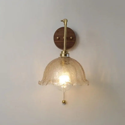 Vintage brass amber glass led wall lights with warm-toned textured lampshade and pull chain for bedroom decorbites led wall