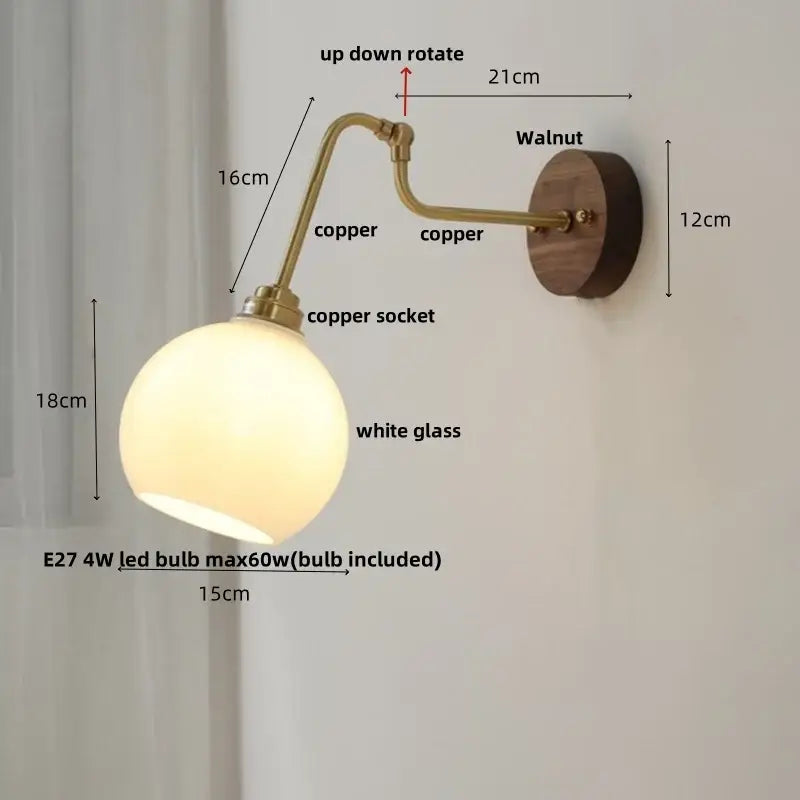 Copper-finished led wall lights pull with white glass globe and walnut mounting plate for bedroom decorbites led wall use