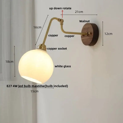 Copper-finished led wall lights pull with white glass globe and walnut mounting plate for bedroom decorbites led wall use