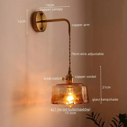 Antique brass copper led wall sconce with textured amber glass lampshade and adjustable 70cm twisted wire for bedroom lighting