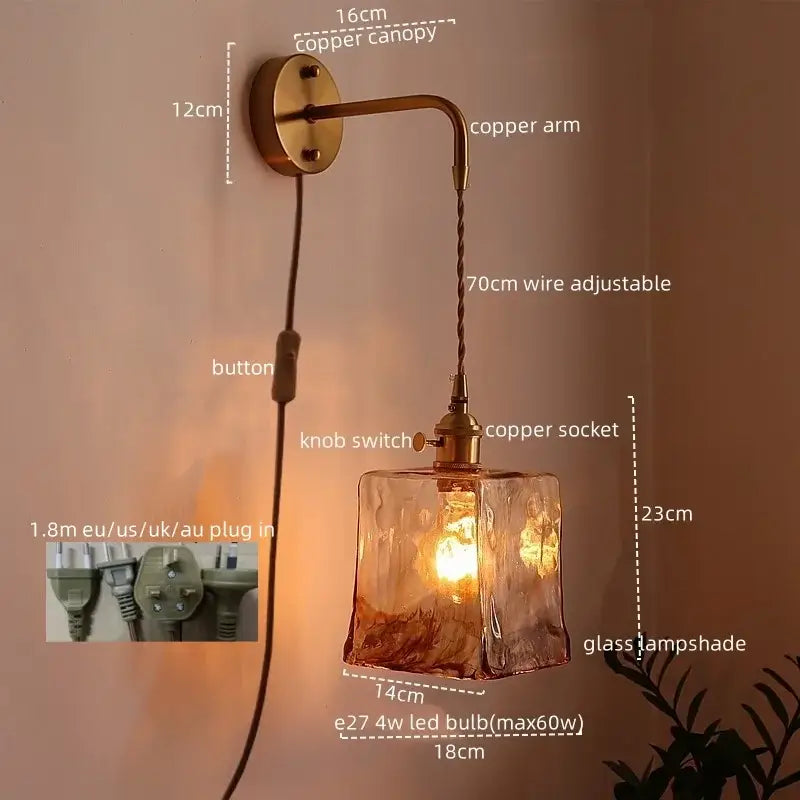 Vintage brass and amber glass copper led wall sconce with textured amber lampshade and adjustable copper arm for bedroom light