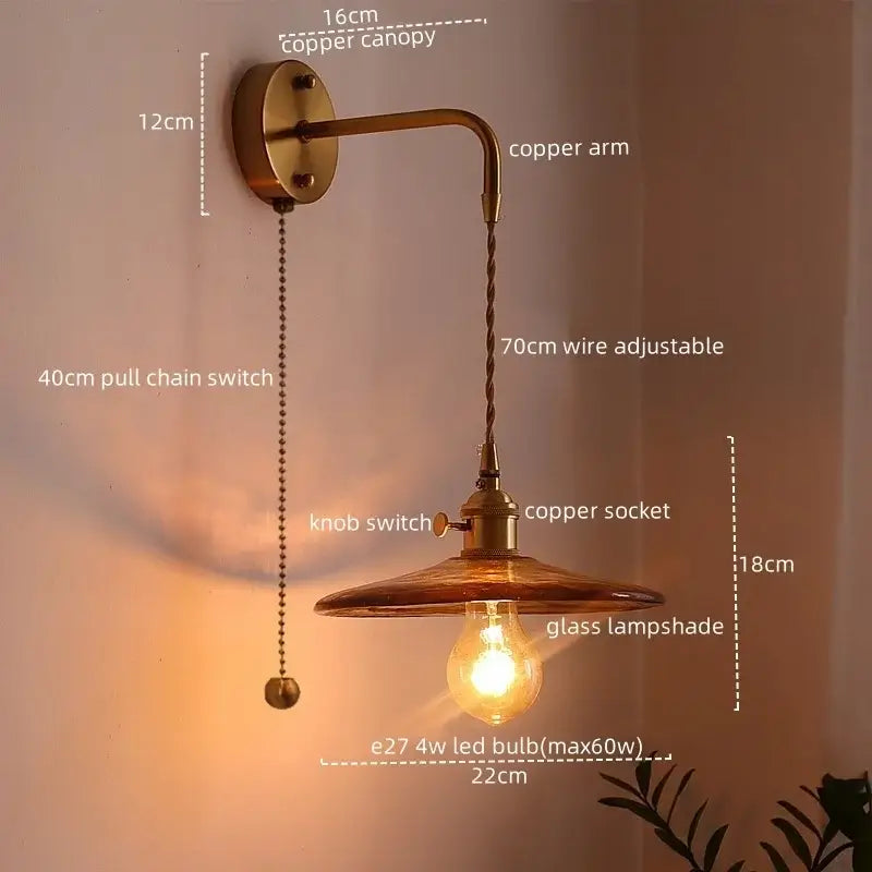 Vintage brass and amber glass copper led wall sconce with copper finish and adjustable wire for bedroom lighting