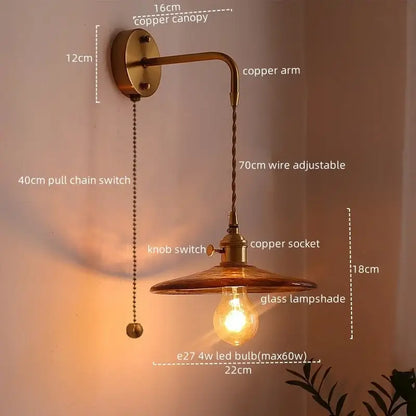 Vintage brass and amber glass copper led wall sconce with copper finish and adjustable wire for bedroom lighting