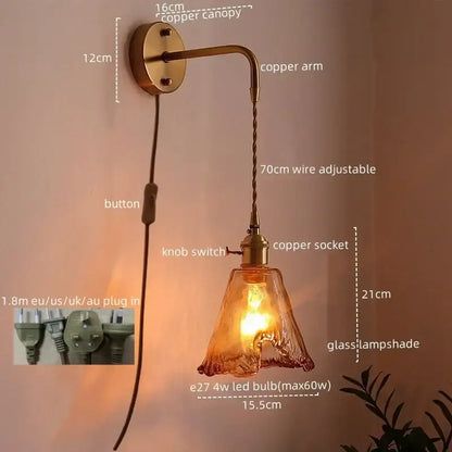 Vintage brass and amber glass copper led wall sconce with warm amber lampshade and adjustable 70cm wire for bedroom use