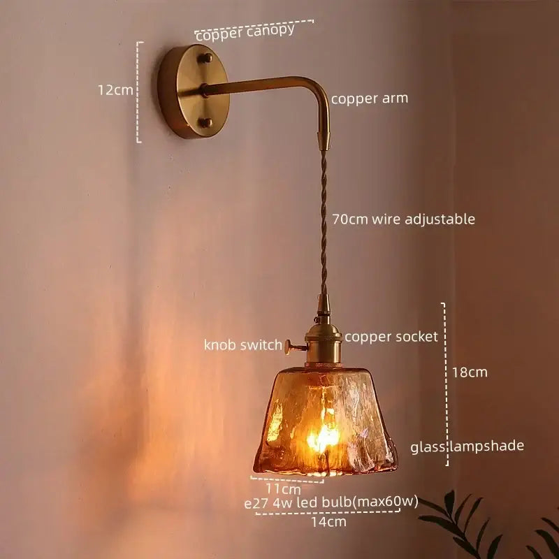 Copper led wall sconce with textured amber glass copper lampshade and adjustable 70cm wire for bedroom lighting