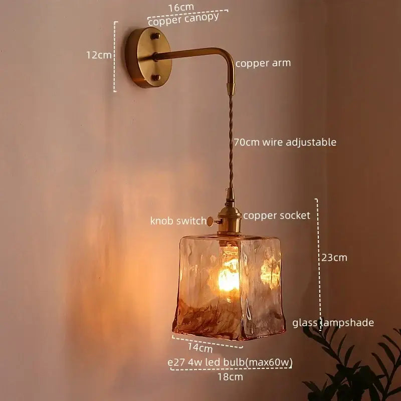 Vintage brass and amber glass copper led wall sconce with textured amber glass copper led lampshade for bedroom light