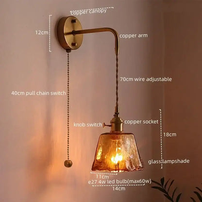 Vintage brass wall sconce with textured amber glass copper led lampshade and adjustable 70cm wire for bedroom use