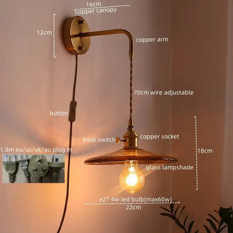 Vintage brass and amber glass copper led wall sconce with adjustable copper arm for bedroom lighting