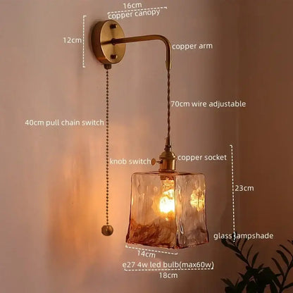 Vintage brass and amber glass copper led wall sconce with textured amber-tinted glass lampshade for bedroom light