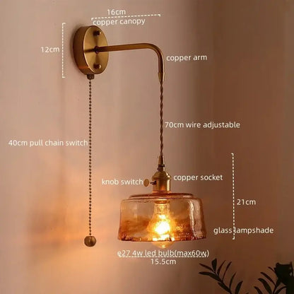Copper-finished wall sconce with textured amber glass copper led lampshade and adjustable twisted wire arm for bedroom light