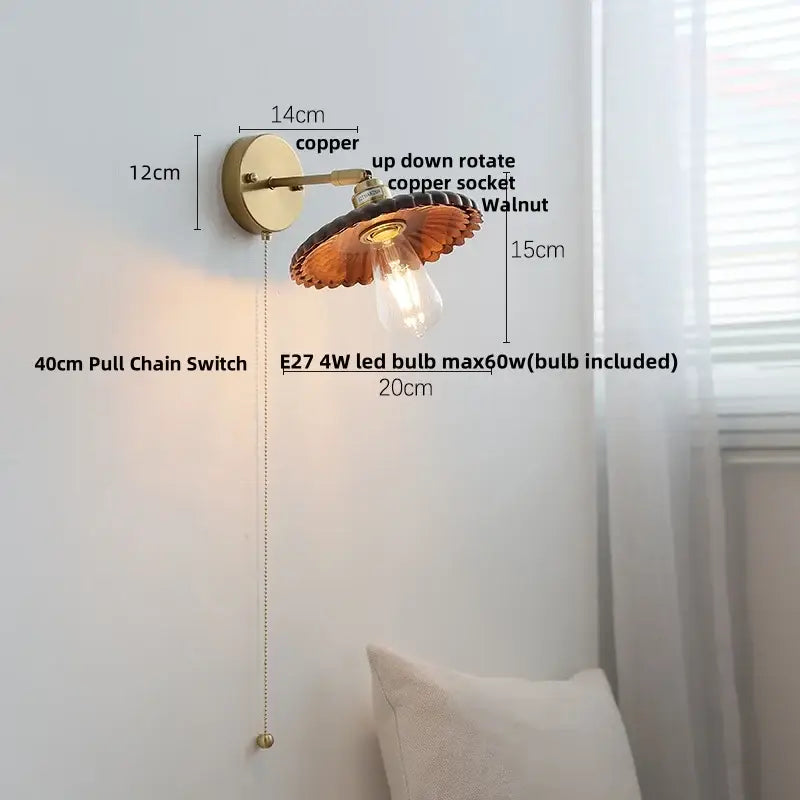 Vintage brass and amber glass wall lamp with copper sconce, walnut wood shade, and decorbites led walnut bulb