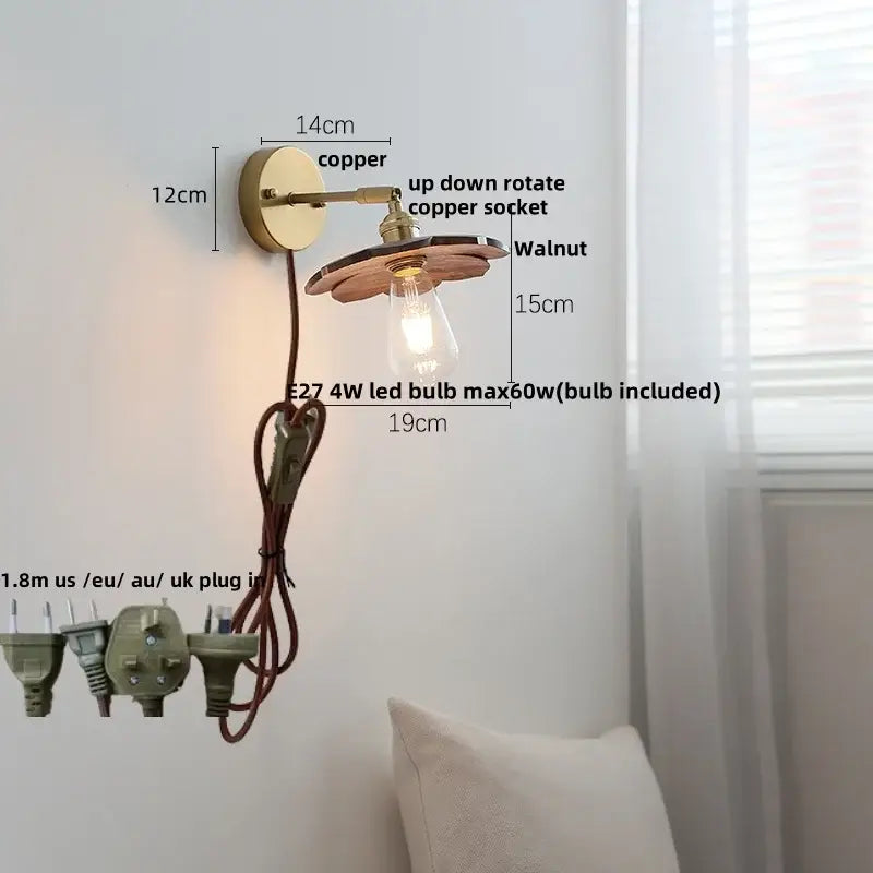 Vintage brass and amber glass wall lamp with walnut wood and copper sconce featuring a vintage edison bulb decorbites led walnut