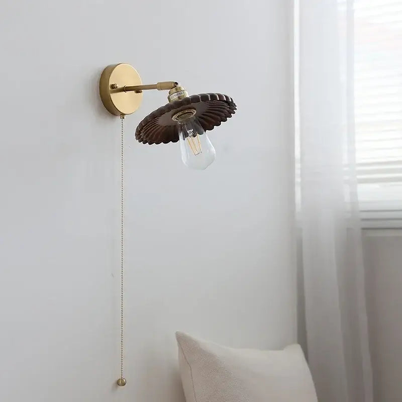 Vintage brass wall lamp with walnut wood scalloped shade cradling exposed edison bulb for decorbites led walnut style