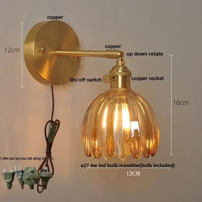 Vintage brass wall light with loft amber glass fluted shade and adjustable arm for bedroom decorbites loft amber sconce
