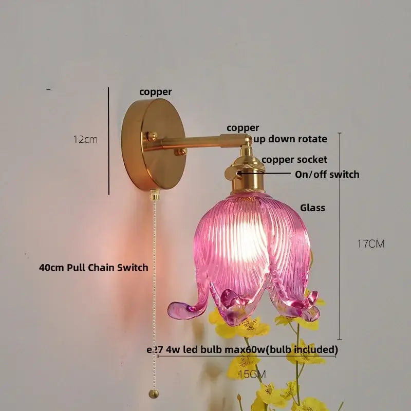 Vintage brass and pink ribbed loft amber glass wall light flower sconce with copper hardware and pull chain switch