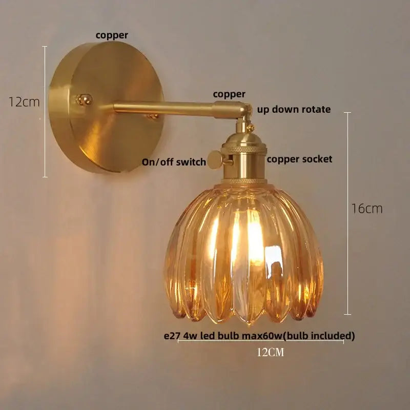 Vintage brass and amber glass wall light with fluted loft amber glass and copper hardware for bedroom decorbites loft amber