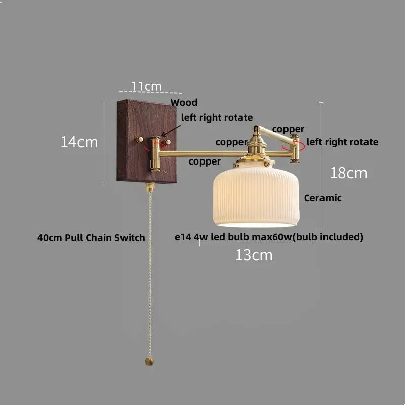 Copper-arm wall sconce with ribbed ceramic led shade and wood mounting plate for decorbites ceramic led wall lighting