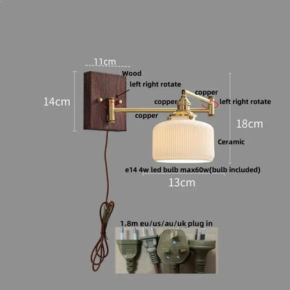Vintage brass and amber glass wall sconce with copper ribbed ceramic led shade and wooden mounting plate decorbites ceramic led wall