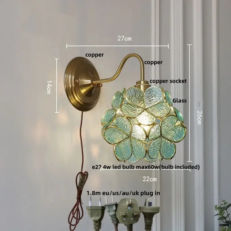 Vintage brass wall sconce with decorbites amber glass flower-shaped teal shade for bedroom vanity lighting