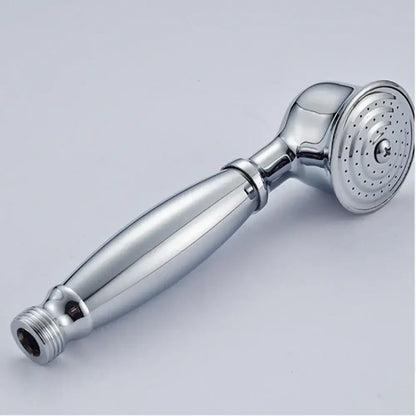 Chrome-finished hand shower head faucet set with sleek elongated handle and circular perforated spray face for bathroom use