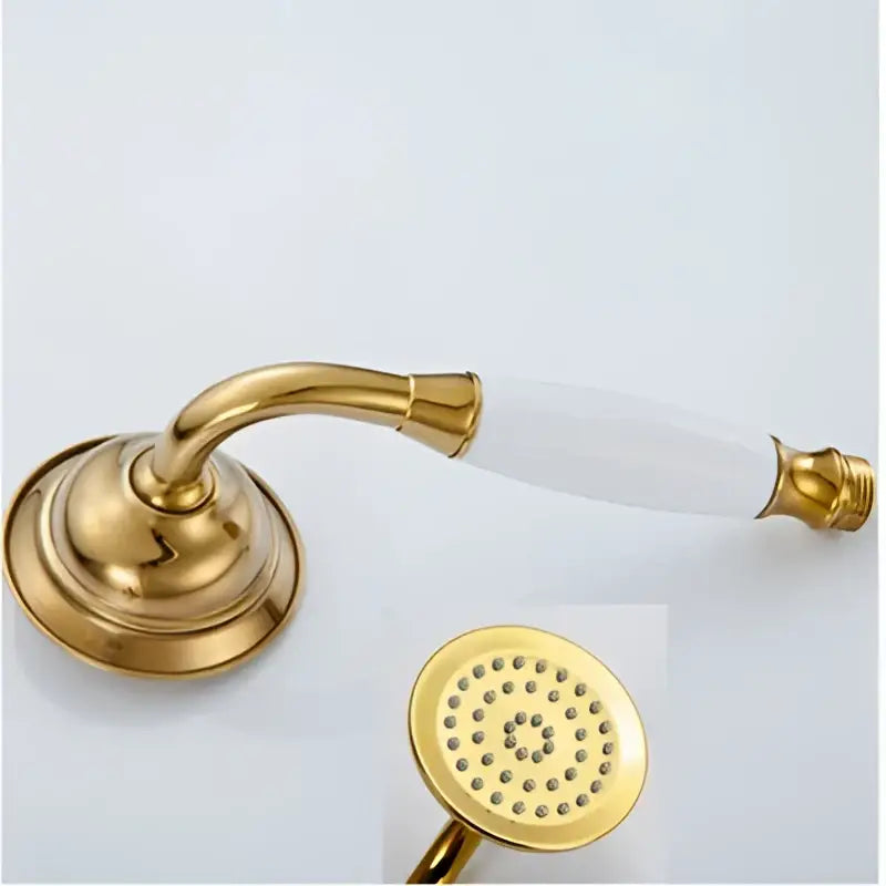 Vintage brass and bronze shower head faucet set with gold finish and white ceramic handle hand shower head