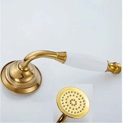 Vintage brass and bronze shower head faucet set with gold finish and white ceramic handle hand shower head