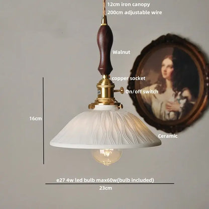 Vintage brass and ceramic led pendant light with white ceramic shade walnut iron canopy and brass accents decorbites copper ceramic