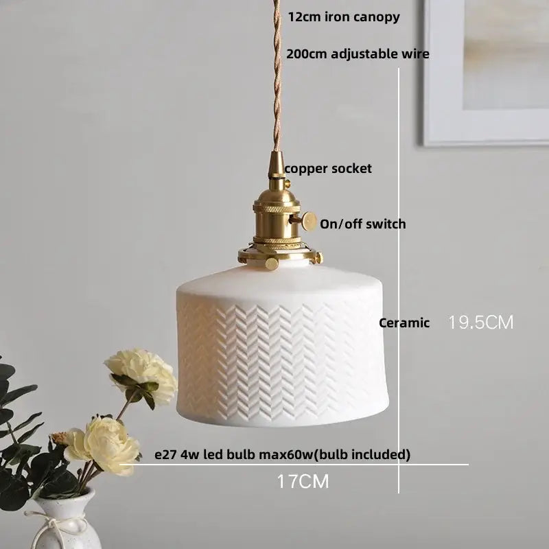 Vintage brass and ceramic led pendant light with white textured herringbone ceramic shade and copper ceramic led socket