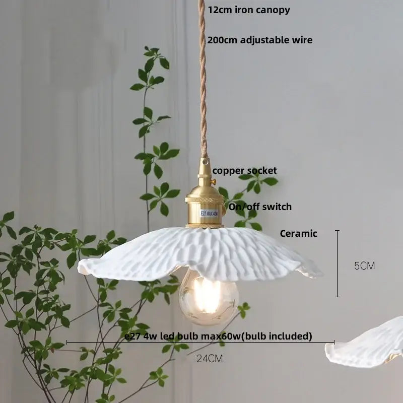 White ceramic pendant light with fluted petal design and brass copper ceramic led socket for kitchen decorbites lighting