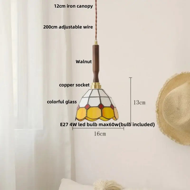 Vintage brass and ceramic walnut wood pendant light with a 13cm tiffany-style stained glass shade in yellow and red hues
