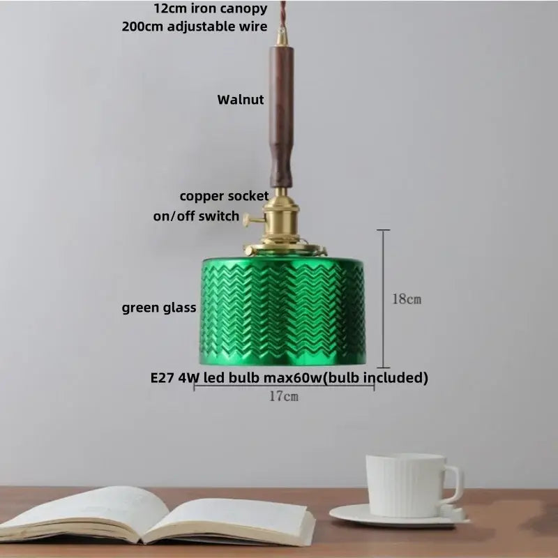 Green glass pendant light with textured zigzag pattern iron canopy and ceramic walnut wood rod for decorbites ceramic walnut collection