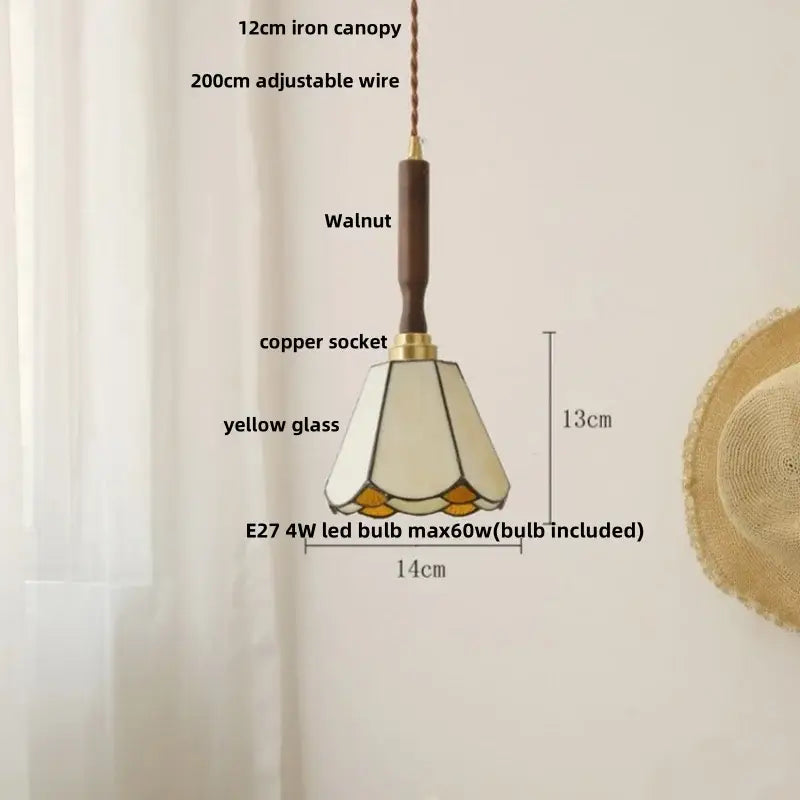 Vintage brass and ceramic walnut wood pendant light with walnut iron canopy copper socket and yellow stained glass shade