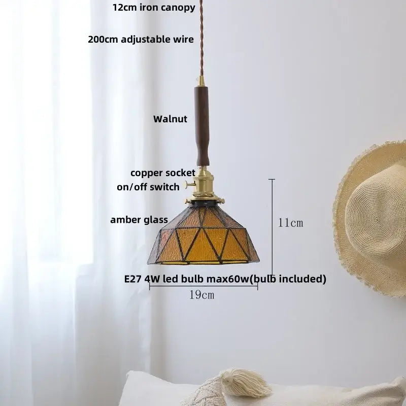 Vintage brass and ceramic walnut wood pendant light with amber stained glass shade and e27 led bulb for decorbites ceramic walnut decor