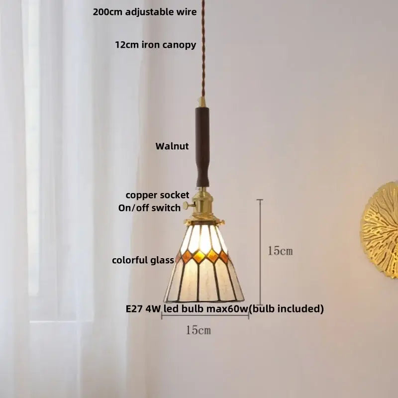 Vintage brass and ceramic walnut wood pendant light with stained glass amber shade and adjustable iron canopy decorbites ceramic walnut