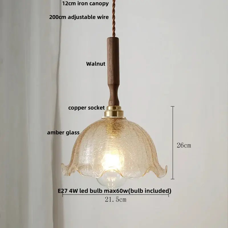 Warm amber glass pendant light with textured ruffled design and ceramic walnut wood handle by decorbites ceramic walnut