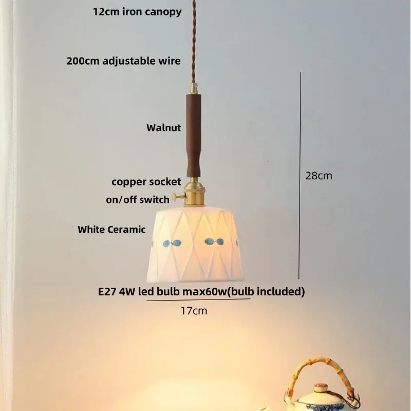 Vintage brass and ceramic walnut wood pendant light with white ceramic geometric pattern and walnut iron canopy