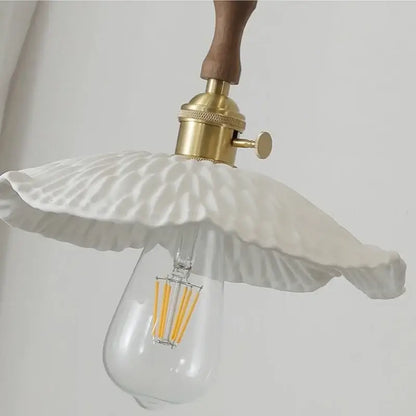 White ruffled ceramic walnut wood pendant light with brass fixture and wooden handle for decorbites ceramic walnut wood decor