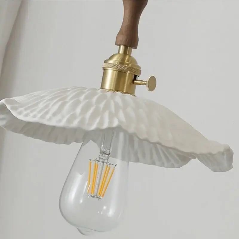White ruffled ceramic walnut wood pendant light with brass fixture and wooden handle for decorbites ceramic walnut wood decor