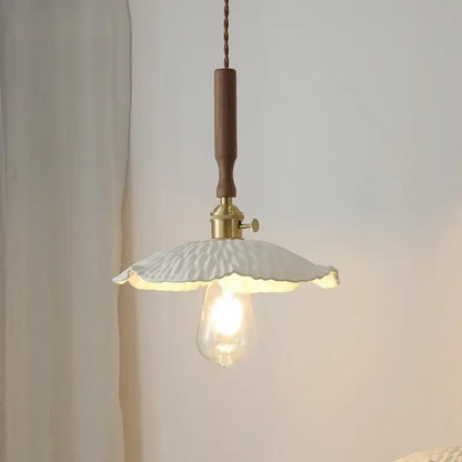 White ceramic walnut wood pendant light with textured petal shade and wooden handle for decorbites ceramic walnut decor