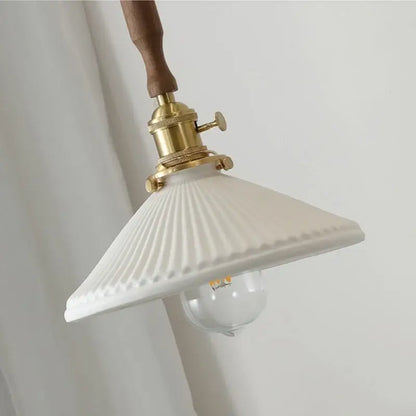 Vintage brass and ceramic walnut wood pendant light with white ribbed ceramic and wooden handle by decorbites ceramic walnut