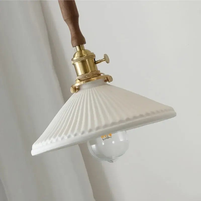 Vintage brass and ceramic walnut wood pendant light with white ribbed ceramic and wooden handle by decorbites ceramic walnut