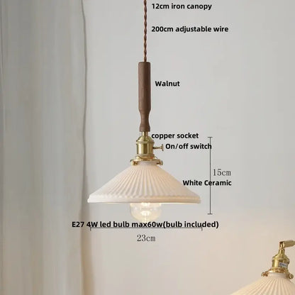 White ceramic pendant light with fluted design and walnut wood handle for decorbites ceramic walnut wood lighting