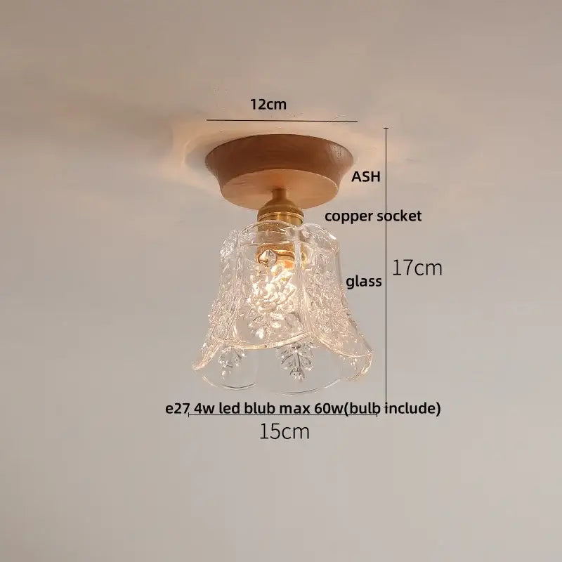 Vintage brass and clear glass led ceiling light with etched glass bell pendant and ash wood mount for bedroom decorbites clear glass