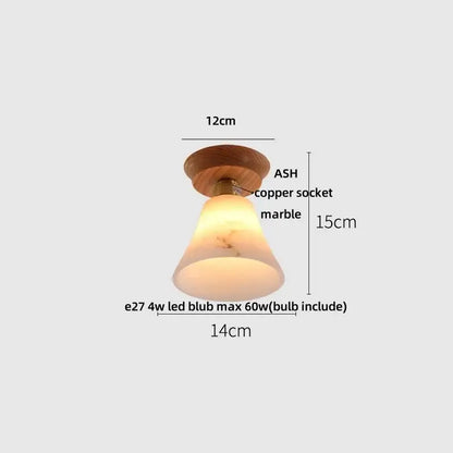 A vintage brass ceiling light with a warm-toned marble lampshade and natural wood ash base for bedroom decorbites clear glass led