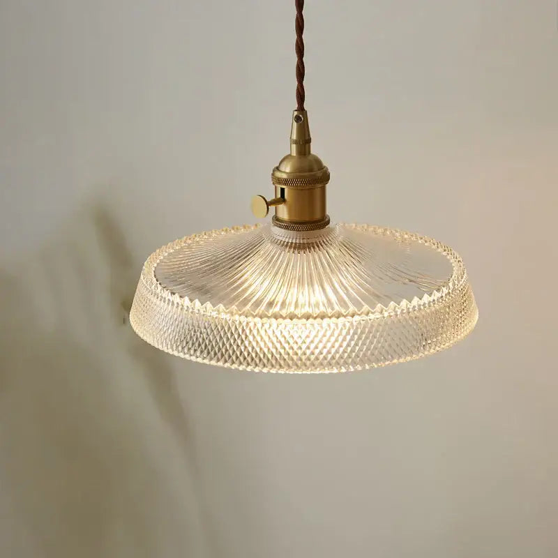 Vintage brass pendant light with decorbites clear glass led shade featuring radial and diamond-patterned etching